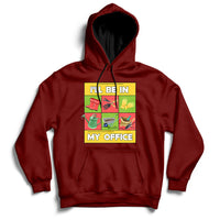 Maroon garden hoodie with hood, pouch pocket, and 'I'll Be In My Office' front graphic