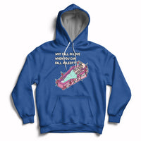 Royal blue skeleton cartoon graphic hoodie with front pocket and pullover hood.