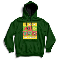 Forest green garden hoodie with hood, pouch pocket, and 'I'll Be In My Office' front graphic