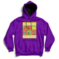 Purple garden hoodie with hood, pouch pocket, and 'I'll Be In My Office' front graphic