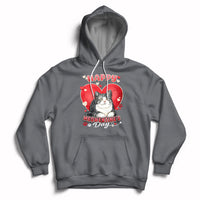 Charcoal gray cat Valentine heart hoodie with kangaroo pocket and drawstring hood