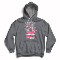 Women’s charcoal hoodie with front kangaroo pocket, drawstring hood, and pink Women’s Day graphic