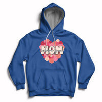 Matching mother hoodie in royal blue with pink floral “Mom” graphic, front pouch, drawstring hood