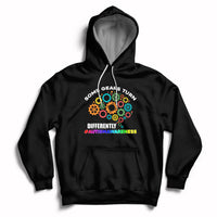 Black autism awareness hoodie with colorful gear graphic, front pocket, drawstring