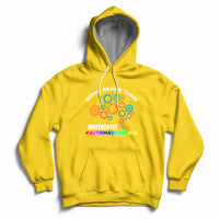 Daisy yellow autism awareness hoodie with colorful gear graphic, front pocket, drawstring