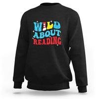 Charcoal reading sweatshirt with 'WILD ABOUT READING' front graphic