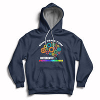Navy autism awareness hoodie with colorful gear graphic, front pocket, drawstring