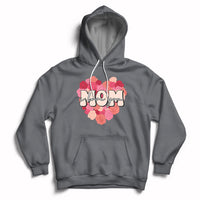 Matching mother hoodie in charcoal gray with pink floral “Mom” graphic, front pouch, drawstring hood