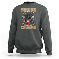 Dark gray crewneck biker graphic sweatshirt with skull and chrome text on back