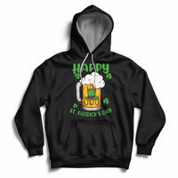 Black St. Patrick's Day hoodie with beer mug and shamrock graphic, front pocket and hood
