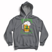 Charcoal gray St. Patrick's Day hoodie with beer mug and shamrock graphic, front pocket
