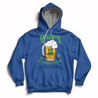 Royal blue St. Patrick's Day hoodie with beer mug and shamrock graphic, front pocket and hood