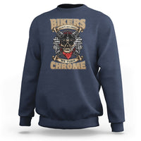 Navy blue crewneck biker graphic sweatshirt with skull and chrome text on back