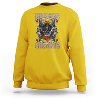 Yellow crewneck biker graphic sweatshirt with skull and chrome text on back
