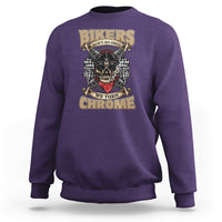 Purple crewneck biker graphic sweatshirt with skull and chrome text on back