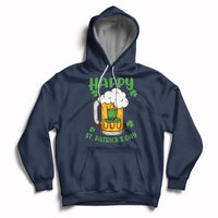 Navy St. Patrick's Day hoodie with beer mug and shamrock graphic, front pocket and hood