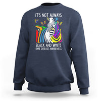 Kids navy crewneck sweatshirt with zebra and rainbow awareness graphic on front.