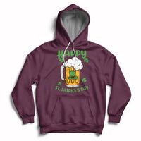 Maroon St. Patrick's Day hoodie with beer mug and shamrock graphic, front pocket and hood