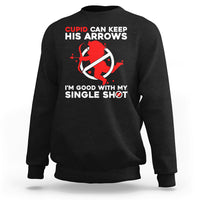 Black crewneck sweatshirt with Cupid arrow graphic and 'single shot' slogan on chest