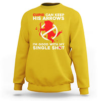Daisy yellow crewneck sweatshirt with Cupid arrow graphic and 'single shot' slogan on chest