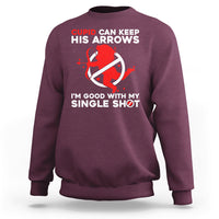 Maroon crewneck sweatshirt with Cupid arrow graphic and 'single shot' slogan on chest