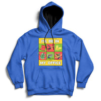 Royal blue garden hoodie with hood, pouch pocket, and 'I'll Be In My Office' front graphic