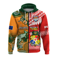 Rugby hoodie with green hood and multicolor rugby shield-style graphic