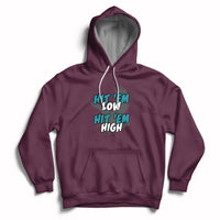 Purple pullover groovy hoodie with front graphic "Hit 'Em Low, Hit 'Em High"