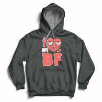 Dark gray pullover hoodie with red heart graphic and 'BF' print