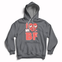 Charcoal pullover hoodie with red heart graphic and 'BF' print