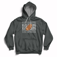 Sports football hoodie in dark gray with varsity-style text, football graphic, and front pocket.
