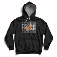 Sports football hoodie in black with varsity-style text, football graphic, and front pocket.