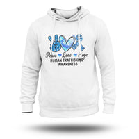 White pullover hoodie with blue heart Peace Love Hope slogan graphic