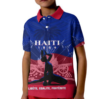 Kids polo shirt, blue with red collar and front Haiti graphic print