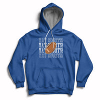 Sports football hoodie in royal blue with varsity-style text, football graphic, and front pocket.
