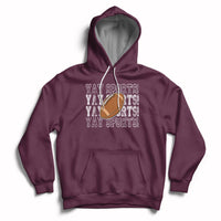 Sports football hoodie in maroon with varsity-style text, football graphic, and front pocket.