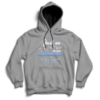 Gray hoodie with front pocket and “Just an Girl in an Wonderful World” printed graphic