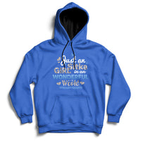 Royal blue hoodie with front pocket and “Just an Girl in an Wonderful World” printed graphic