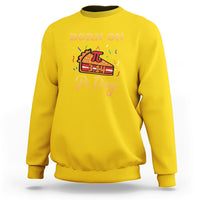 Daisy yellow sweatshirt with “BORN ON” Pi Day graphic, pie icon, and 3.14 text on front