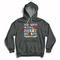 Dark heather pullover hoodie with colorful Valentine heart text graphic, kangaroo pocket