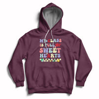 Maroon pullover hoodie with colorful Valentine heart text graphic, kangaroo pocket