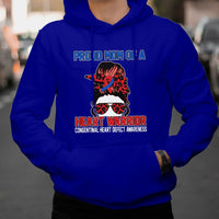Royal blue hoodie with “Heart Warrior” heart-defect awareness graphic on the chest