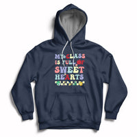 Navy pullover hoodie with colorful Valentine heart text graphic, kangaroo pocket