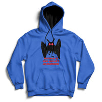 Royal blue pullover hoodie with black-and-red Mothman face graphic and front text
