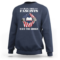 Navy crewneck sweatshirt with patriotic fist holding open book graphic