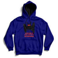 Dark blue pullover hoodie with black-and-red Mothman face graphic and front text