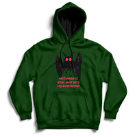 Forest green pullover hoodie with black-and-red Mothman face graphic and front text