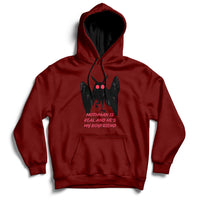 Burgundy pullover hoodie with black-and-red Mothman face graphic and front text