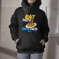 Black pullover hoodie with hood and front graphic reading "Eat Pasta" and "Swim Fasta".
