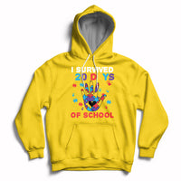 Daisy yellow pullover hoodie with colorful puzzle heart graphic and “I Survived 120 Days of School” text